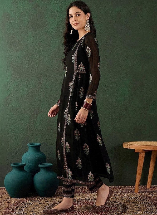 Women Basket HERE&NOW Women Ethnic Motifs Embroidered Panelled Thread Work Kurta with Trousers - Image 3